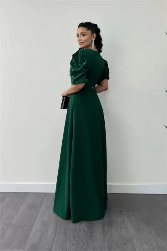 Imported Crepe Fabric Balloon Sleeve Pearl Detailed Maxi Dress - EMERALD GREEN - 5