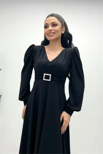 Imported Crepe Fabric Belt Detailed Midi Dress - BLACK - 3