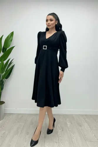 Imported Crepe Fabric Belt Detailed Midi Dress - BLACK - 4