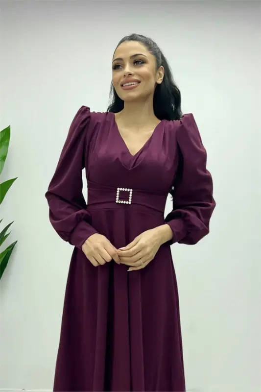 Imported Crepe Fabric Belt Detailed Midi Dress - EGGPLANT PURPLE - 3