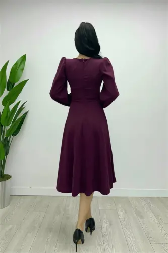 Imported Crepe Fabric Belt Detailed Midi Dress - EGGPLANT PURPLE - 6