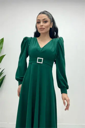 Imported Crepe Fabric Belt Detailed Midi Dress - EMERALD GREEN - 1
