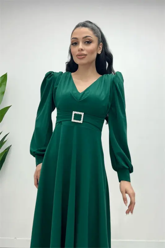 Imported Crepe Fabric Belt Detailed Midi Dress - EMERALD GREEN - 1