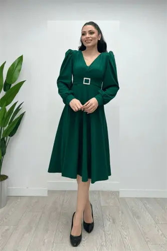 Imported Crepe Fabric Belt Detailed Midi Dress - EMERALD GREEN - BÜYÜKBEDENIZ (1)