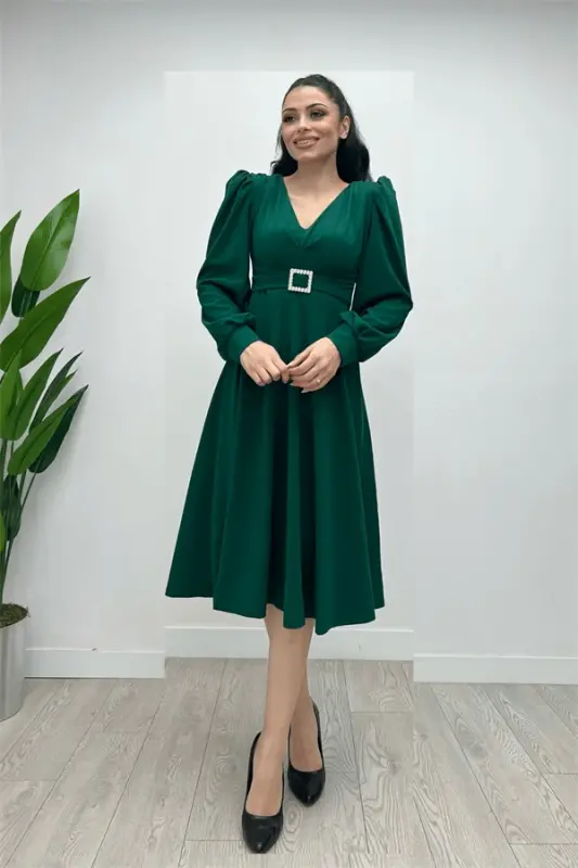 Imported Crepe Fabric Belt Detailed Midi Dress - EMERALD GREEN - 2