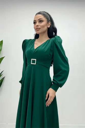 Imported Crepe Fabric Belt Detailed Midi Dress - EMERALD GREEN - 3