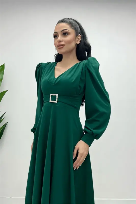 Imported Crepe Fabric Belt Detailed Midi Dress - EMERALD GREEN - 3