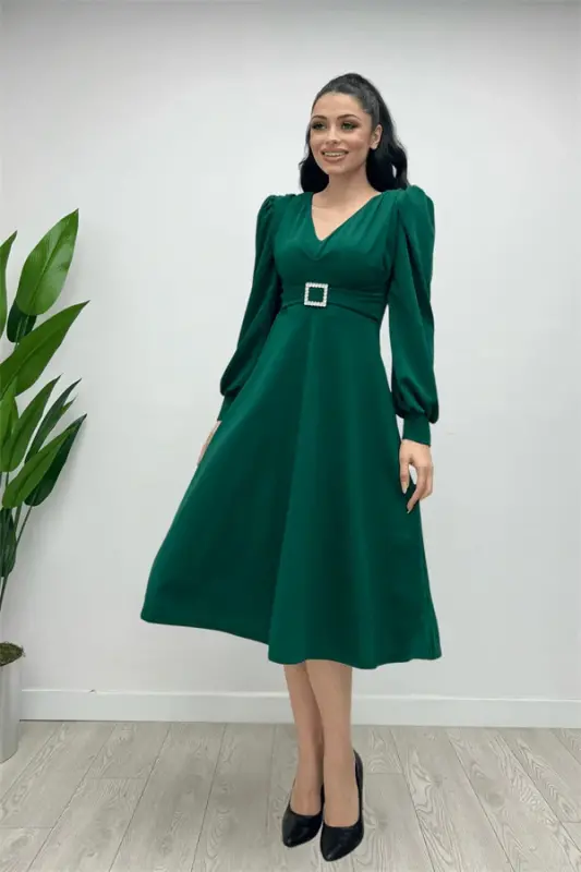 Imported Crepe Fabric Belt Detailed Midi Dress - EMERALD GREEN - 4