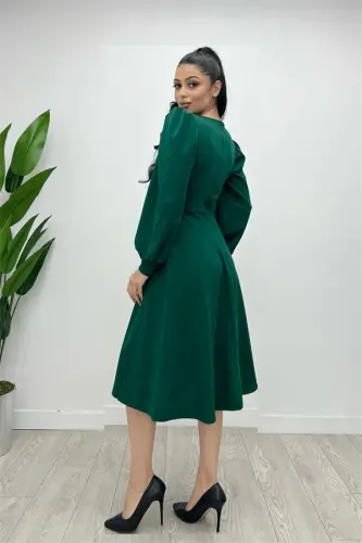 Imported Crepe Fabric Belt Detailed Midi Dress - EMERALD GREEN - 5