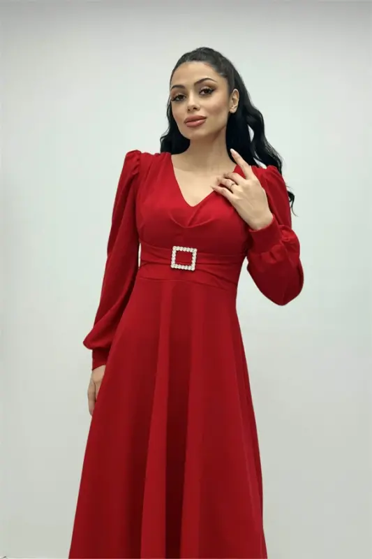 Imported Crepe Fabric Belt Detailed Midi Dress - RED - 1