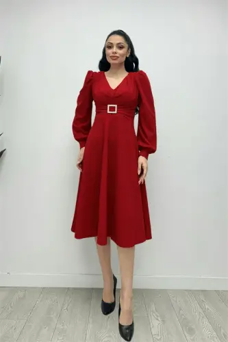 Imported Crepe Fabric Belt Detailed Midi Dress - RED - BÜYÜKBEDENIZ (1)
