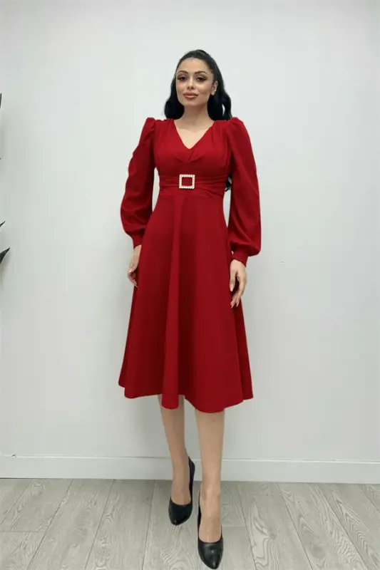 Imported Crepe Fabric Belt Detailed Midi Dress - RED - 2
