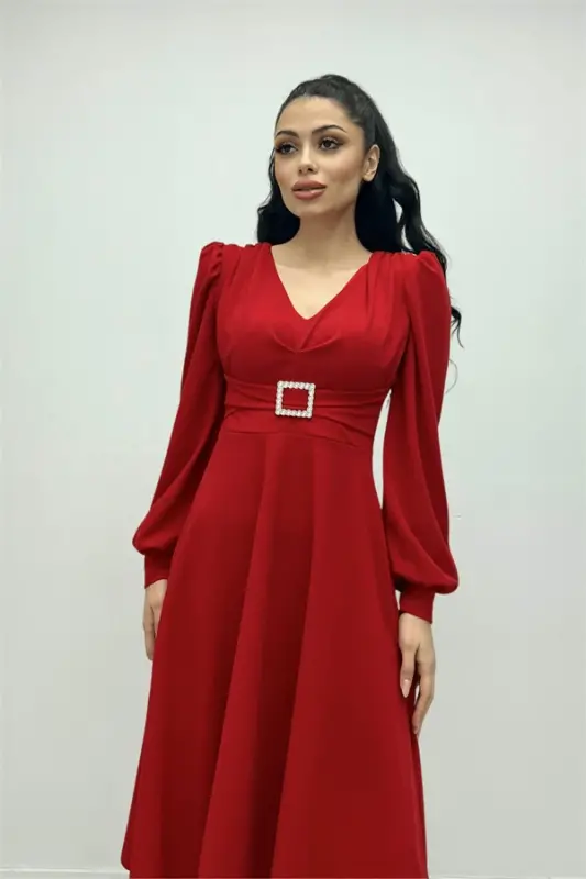 Imported Crepe Fabric Belt Detailed Midi Dress - RED - 3