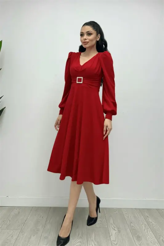 Imported Crepe Fabric Belt Detailed Midi Dress - RED - 4