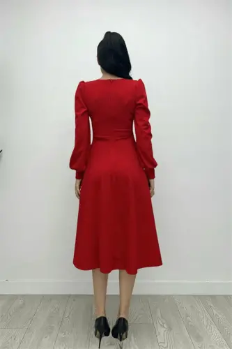 Imported Crepe Fabric Belt Detailed Midi Dress - RED - 5