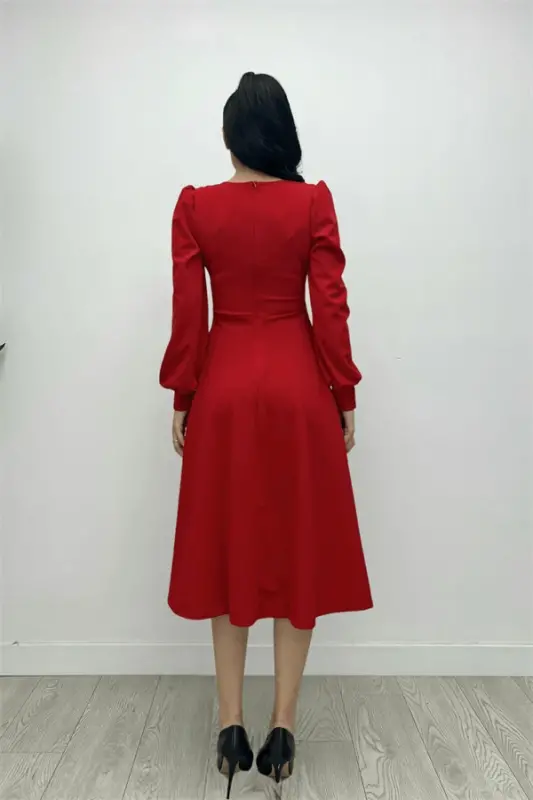 Imported Crepe Fabric Belt Detailed Midi Dress - RED - 5