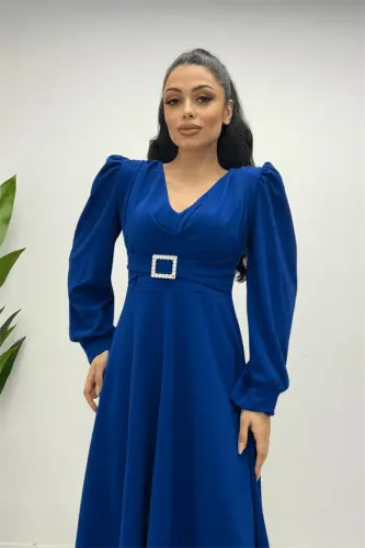 Imported Crepe Fabric Belt Detailed Midi Dress - SAXE BLUE - 1