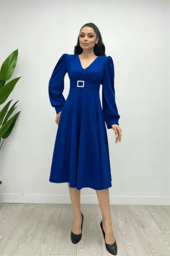 Imported Crepe Fabric Belt Detailed Midi Dress - SAXE BLUE - 2