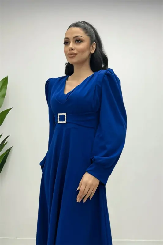 Imported Crepe Fabric Belt Detailed Midi Dress - SAXE BLUE - 3