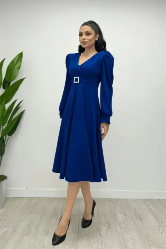 Imported Crepe Fabric Belt Detailed Midi Dress - SAXE BLUE - 4