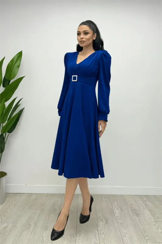 Imported Crepe Fabric Belt Detailed Midi Dress - SAXE BLUE - 4