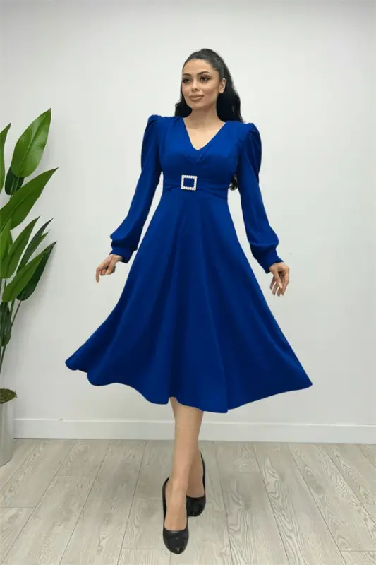 Imported Crepe Fabric Belt Detailed Midi Dress - SAXE BLUE - 5