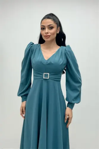 Imported Crepe Fabric Belt Detailed Midi Dress - SEA GREEN - 1