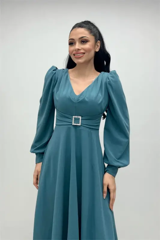 Imported Crepe Fabric Belt Detailed Midi Dress - SEA GREEN - 3