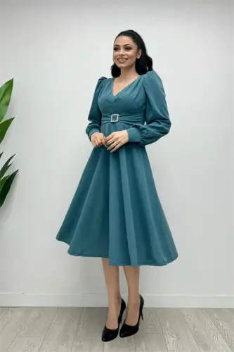 Imported Crepe Fabric Belt Detailed Midi Dress - SEA GREEN - 4