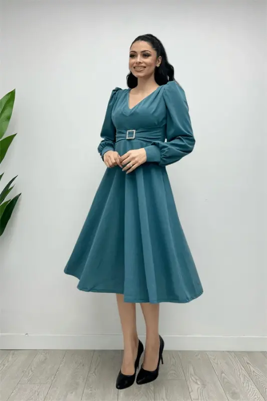 Imported Crepe Fabric Belt Detailed Midi Dress - SEA GREEN - 4