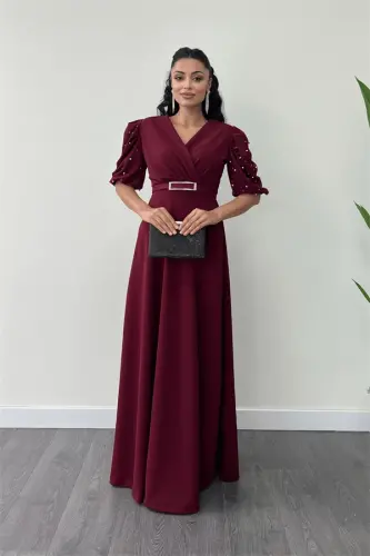 Imported Crepe Fabric Puff Sleeve Pearl Detail Maxi Dress - BURGUNDY - 1