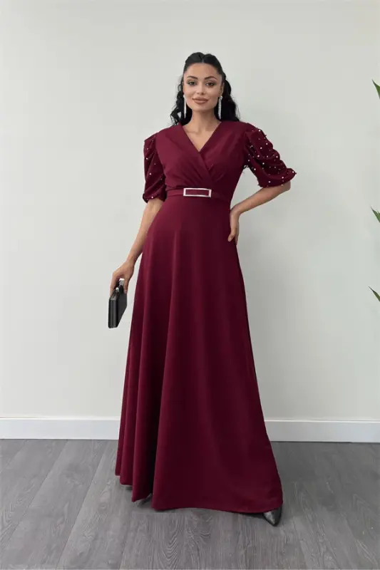 Imported Crepe Fabric Puff Sleeve Pearl Detail Maxi Dress - BURGUNDY - 2