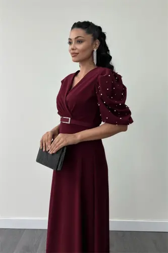 Imported Crepe Fabric Puff Sleeve Pearl Detail Maxi Dress - BURGUNDY - 3