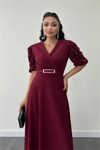 Imported Crepe Fabric Puff Sleeve Pearl Detail Maxi Dress - BURGUNDY - 4