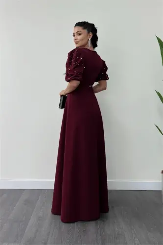 Imported Crepe Fabric Puff Sleeve Pearl Detail Maxi Dress - BURGUNDY - 5