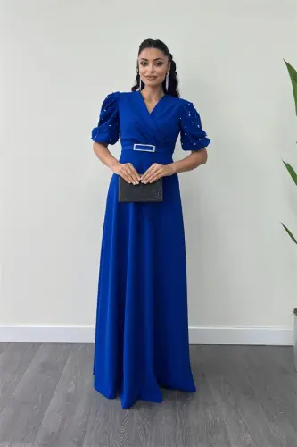 Imported Crepe Fabric Puff Sleeve Pearl Detail Maxi Dress - SAX BLUE - 1