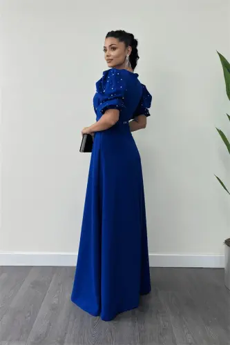 Imported Crepe Fabric Puff Sleeve Pearl Detail Maxi Dress - SAX BLUE - 5