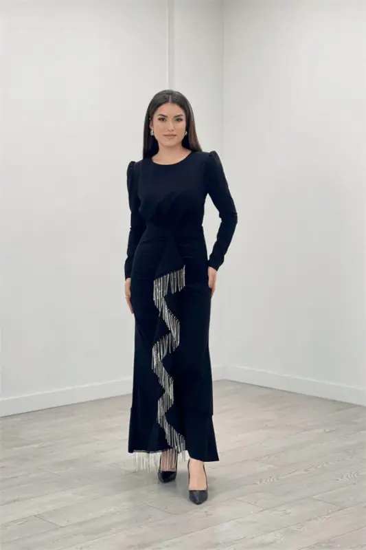 Imported Crepe Fabric Stone Tassel Detailed Evening Dress - BLACK - BÜYÜKBEDENIZ