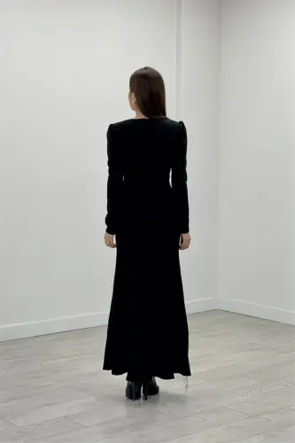 Imported Crepe Fabric Stone Tassel Detailed Evening Dress - BLACK - 5