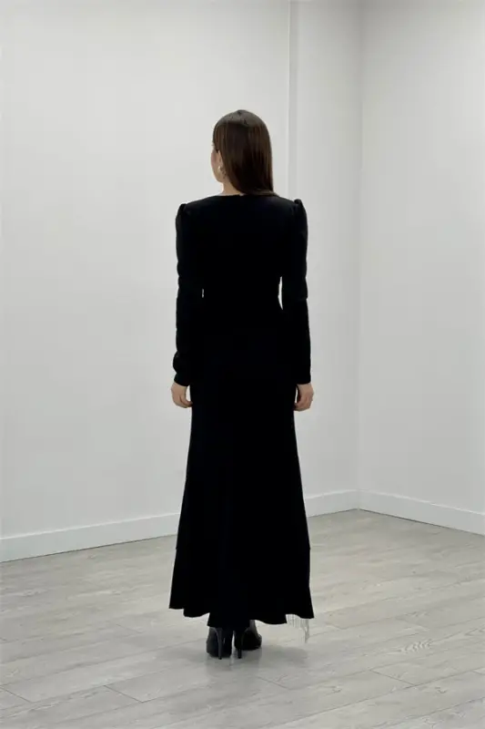 Imported Crepe Fabric Stone Tassel Detailed Evening Dress - BLACK - 5