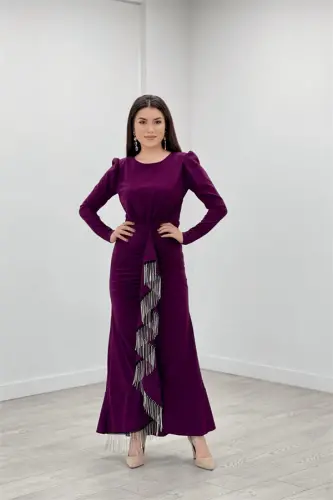 Imported Crepe Fabric Stone Tassel Detailed Evening Dress - EGGPLANT PURPLE - 1