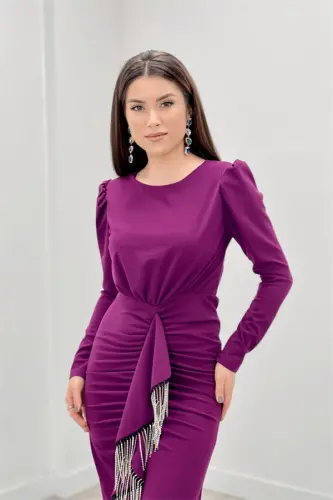 Imported Crepe Fabric Stone Tassel Detailed Evening Dress - EGGPLANT PURPLE - 3