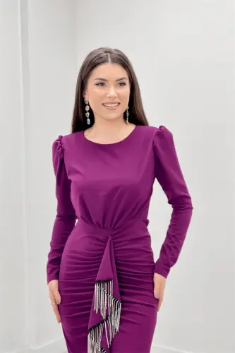 Imported Crepe Fabric Stone Tassel Detailed Evening Dress - EGGPLANT PURPLE - 4