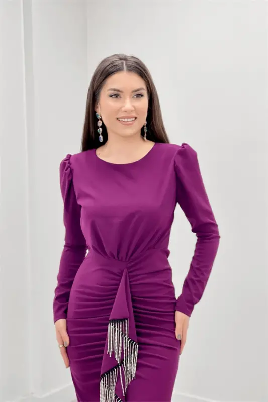 Imported Crepe Fabric Stone Tassel Detailed Evening Dress - EGGPLANT PURPLE - 4