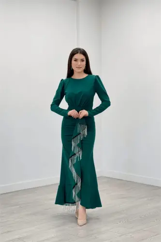 Imported Crepe Fabric Stone Tassel Detailed Evening Dress - EMERALD GREEN - 1