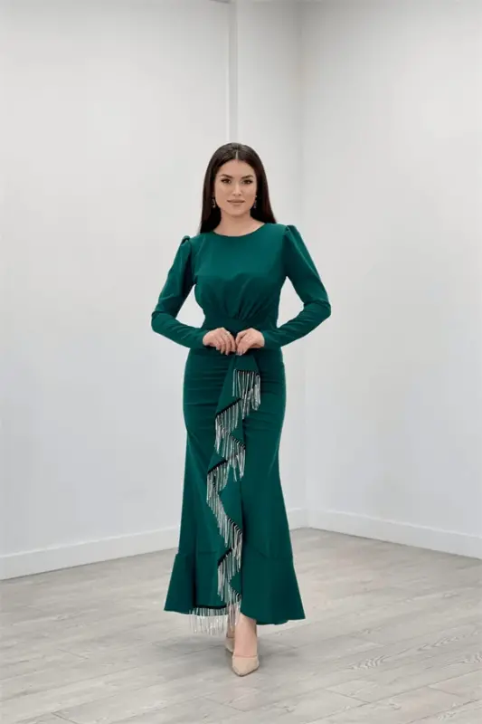 Imported Crepe Fabric Stone Tassel Detailed Evening Dress - EMERALD GREEN - 1
