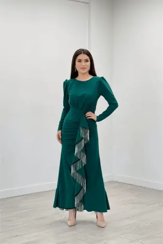 Imported Crepe Fabric Stone Tassel Detailed Evening Dress - EMERALD GREEN - BÜYÜKBEDENIZ (1)