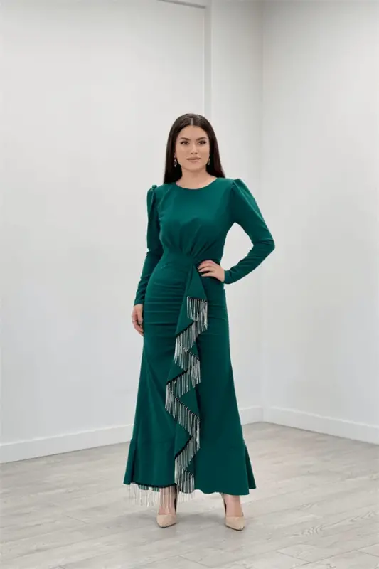 Imported Crepe Fabric Stone Tassel Detailed Evening Dress - EMERALD GREEN - 2