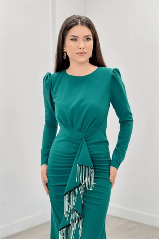 Imported Crepe Fabric Stone Tassel Detailed Evening Dress - EMERALD GREEN - 3