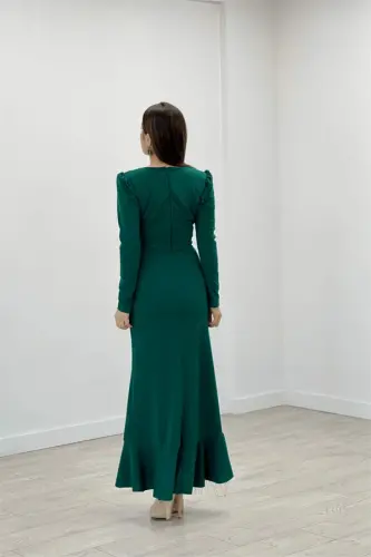 Imported Crepe Fabric Stone Tassel Detailed Evening Dress - EMERALD GREEN - 5